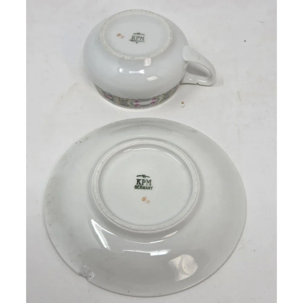 Antique KPM Germany Porcelain Demitasse Cup Saucer Rose Garland‎ 1900s Krister